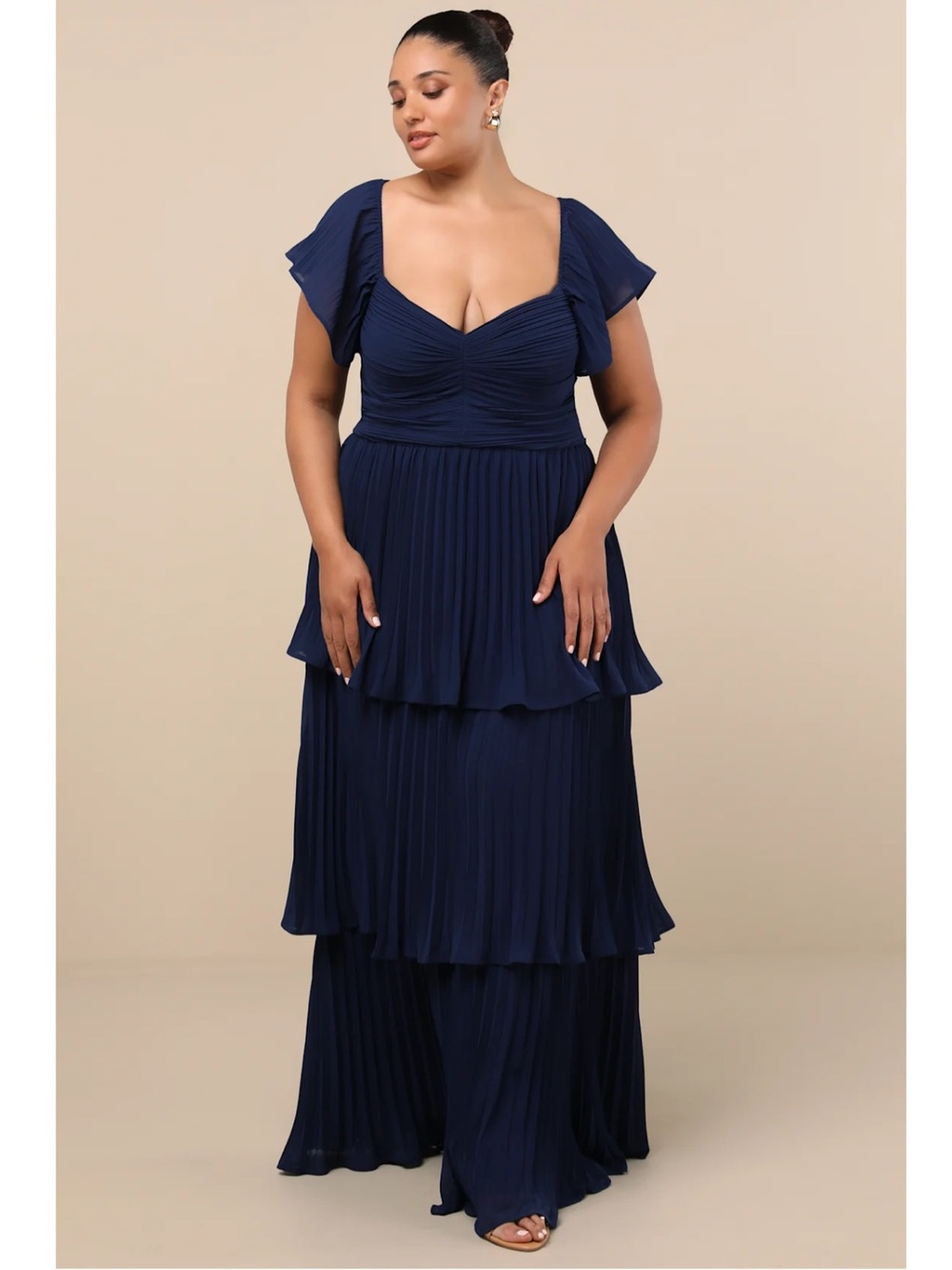 Lulus Notorious Charm Navy Blue Pleated Flutter Sleeve Tier Tie-Back Maxi Dress